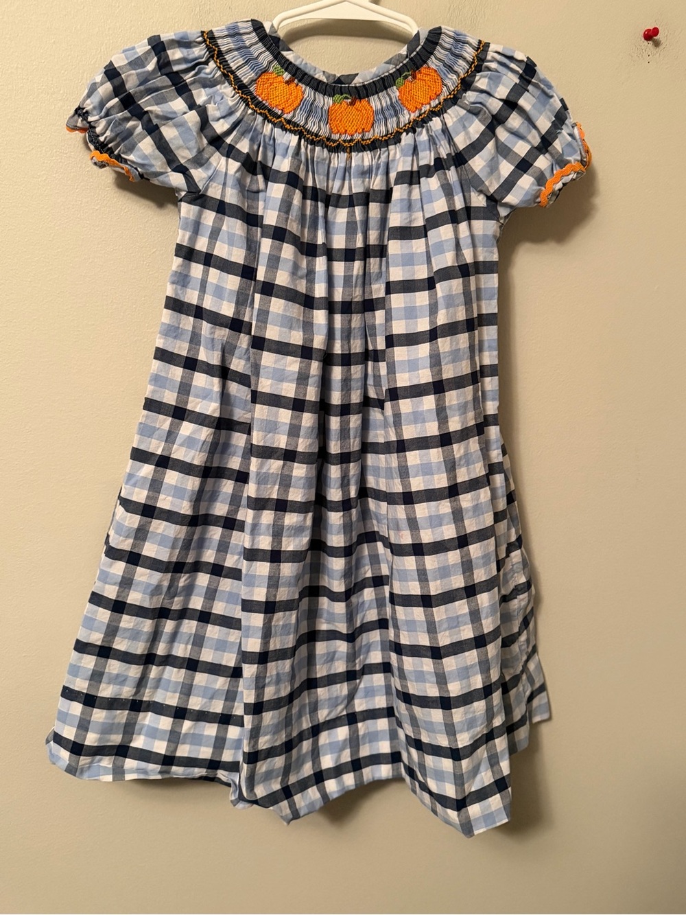 Classic Whimsy Blue Gingham Pumpkin Smocked Dress